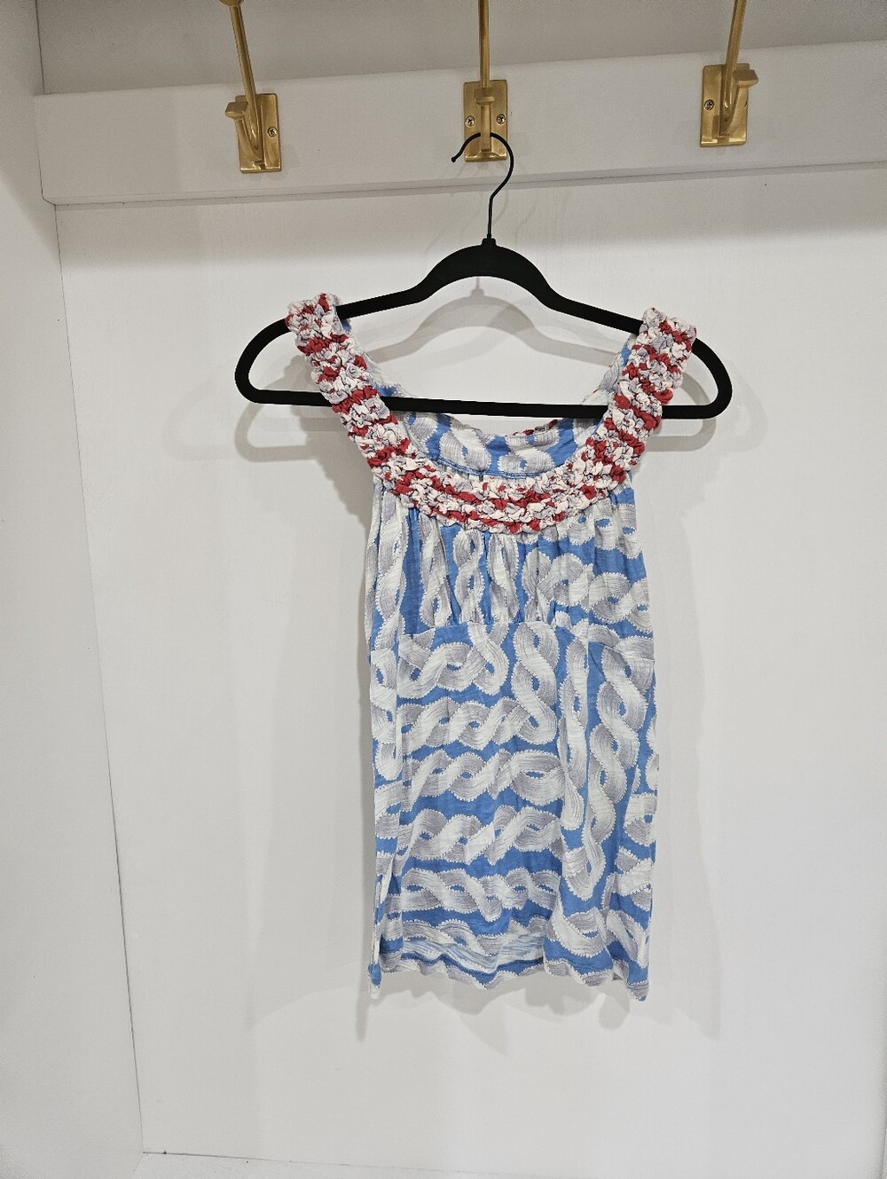 Blue & White Knit Tank with Red Trim